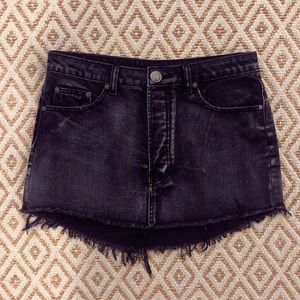 Black jean skirt, fringe and button up